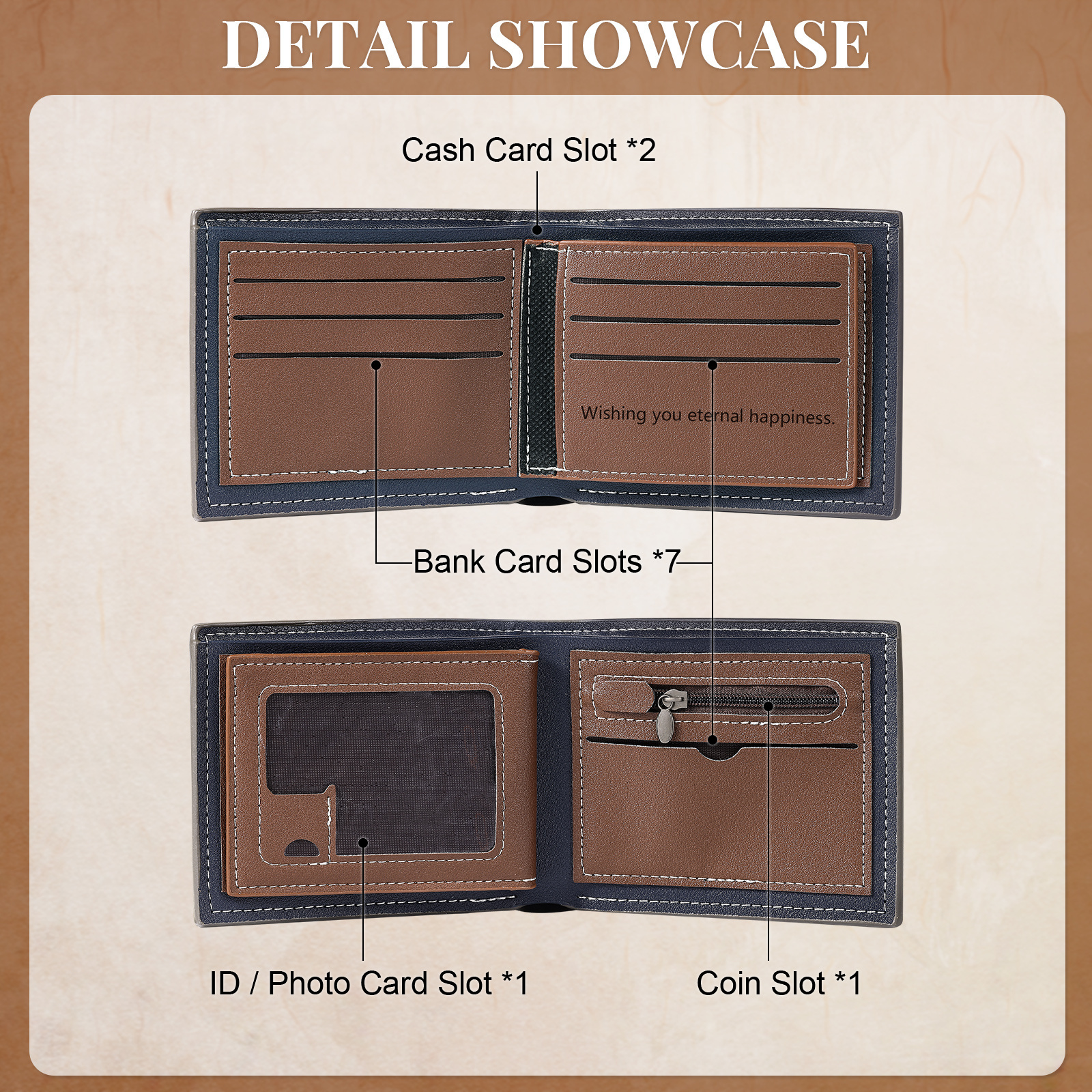 Portefeuille Homme Bicolore Personnalisé en cuir PU, à deux volets, personnalisé avec Photo, Calendrier, Initiales ou Prénom