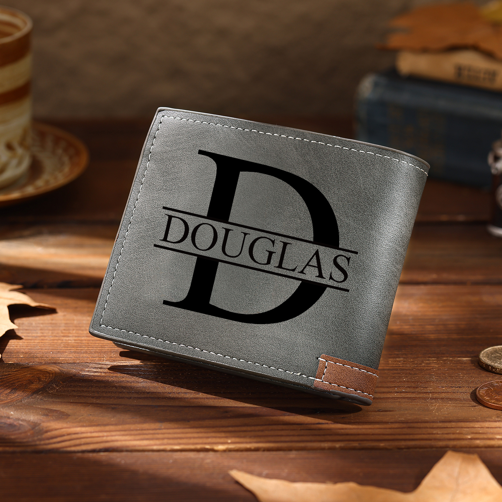 Portefeuille Homme Bicolore Personnalisé en cuir PU, à deux volets, personnalisé avec Photo, Calendrier, Initiales ou Prénom