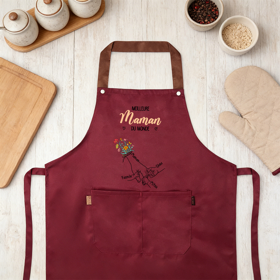 Tablier de Cuisine Personnalisé avec motif de mains et 2 à 7 Prénoms, cadeau pour Maman ou Mamie