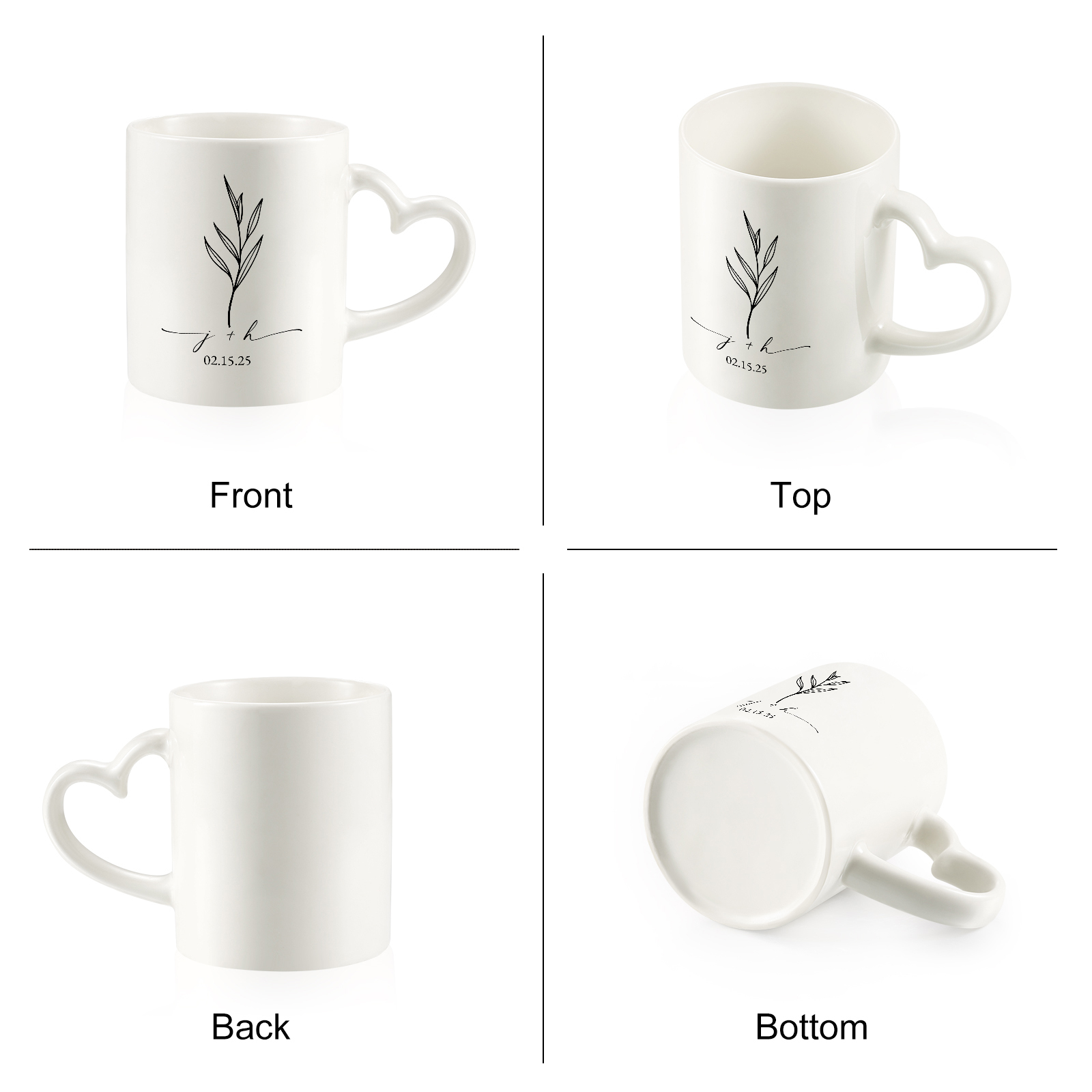 Mug en Céramique Personnalisable à Anse en Forme de Cœur pour Couple/Anniversaire