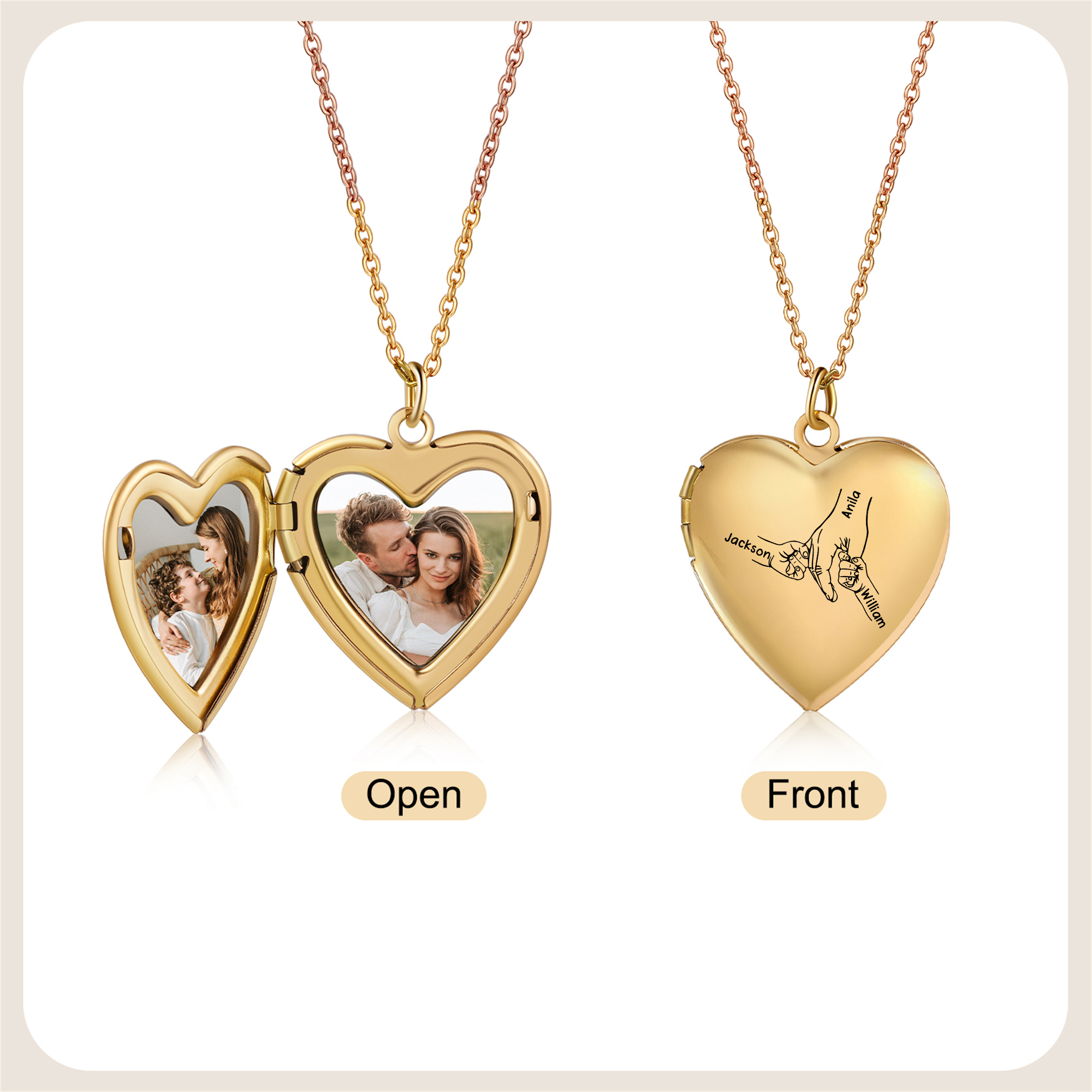 Collier Médaillon Cœur Personnalisé avec 2 Photos et 2 à 8 Prénoms Gravés – Bijou Souvenir Famille