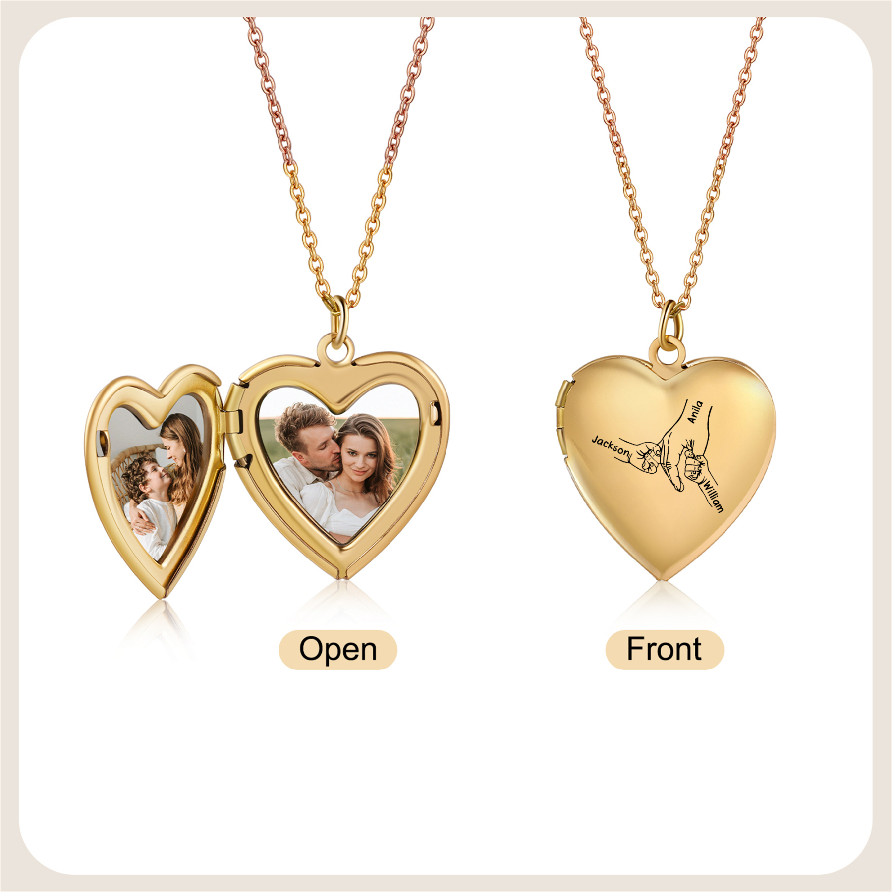 Collier Médaillon Cœur Personnalisé avec 2 Photos et 2 à 8 Prénoms Gravés – Bijou Souvenir Famille