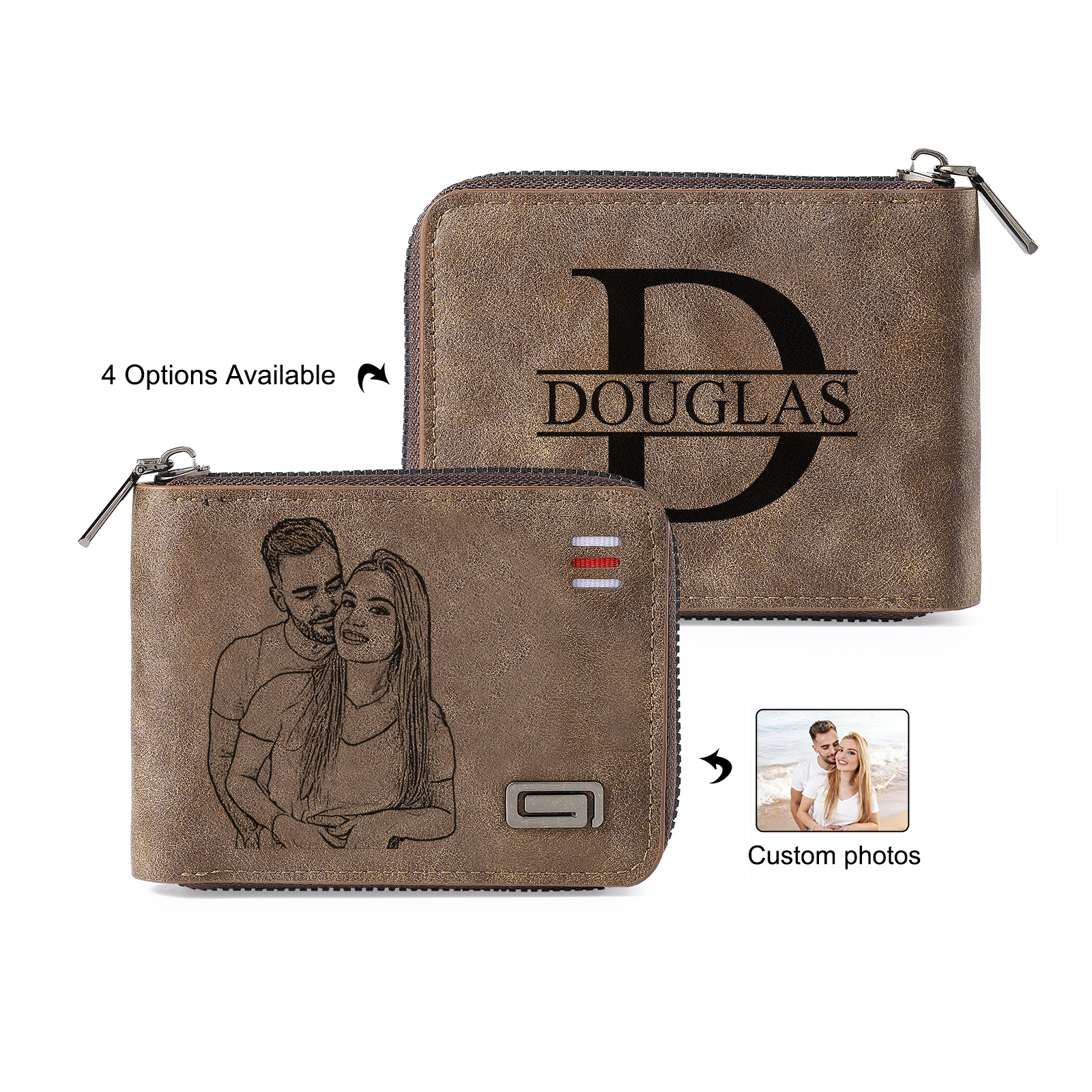 Portefeuille homme personnalisé en cuir PU avec fermeture éclair – avec photo, calendrier ou prénom