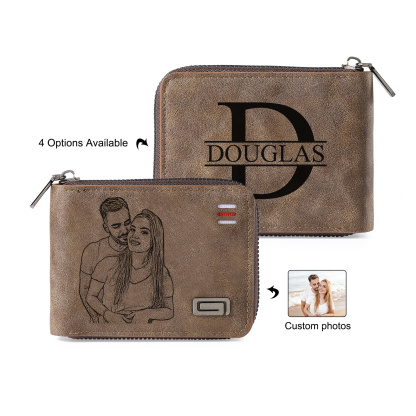 Portefeuille homme personnalisé en cuir PU avec fermeture éclair – avec photo, calendrier ou prénom