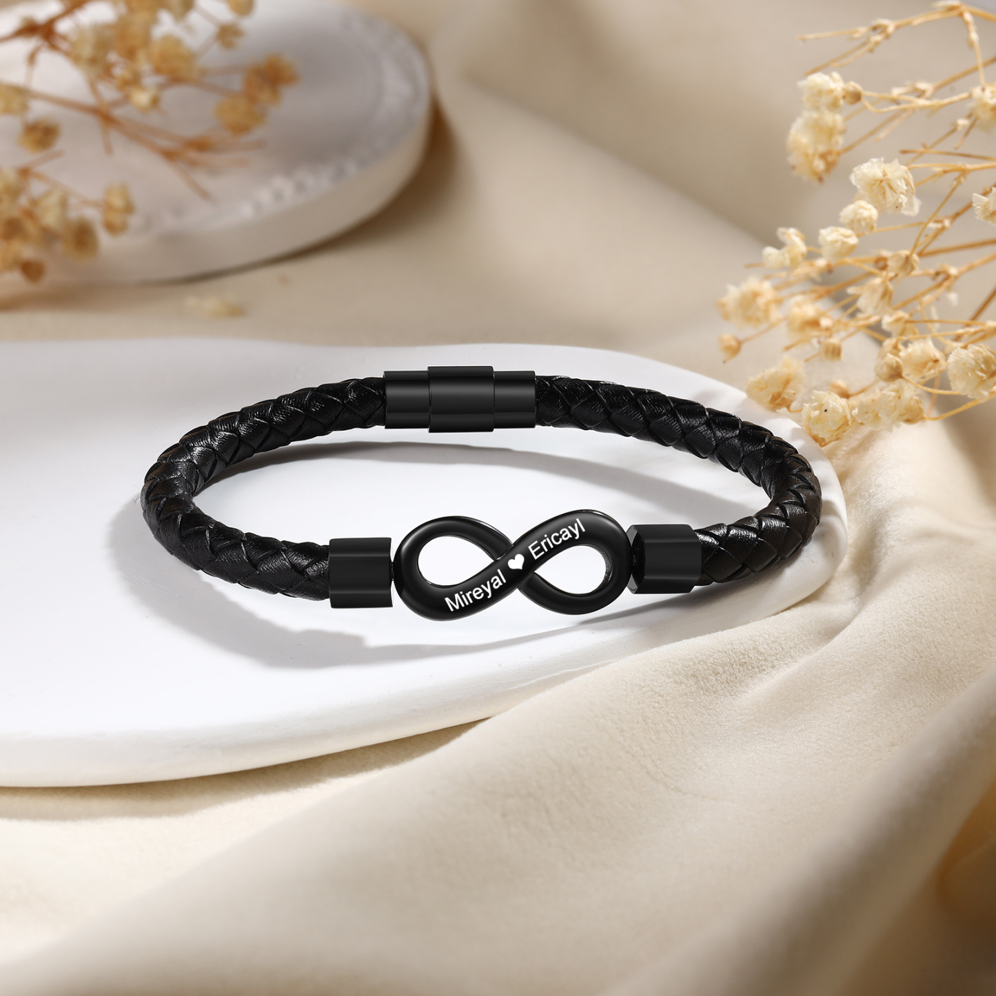 Bracelet infini Personnalisé Noir/Argent pour Couple avec 2 Prénoms