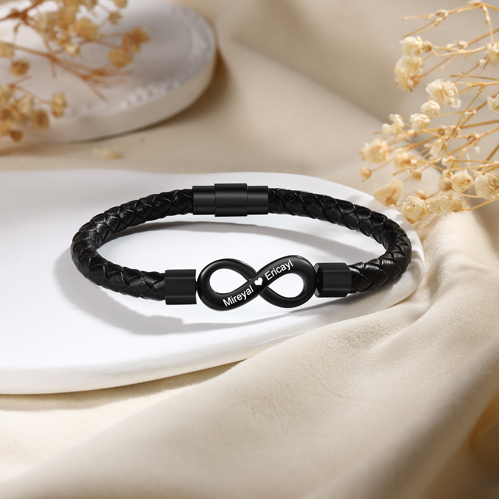 Bracelet infini Personnalisé Noir/Argent pour Couple avec 2 Prénoms