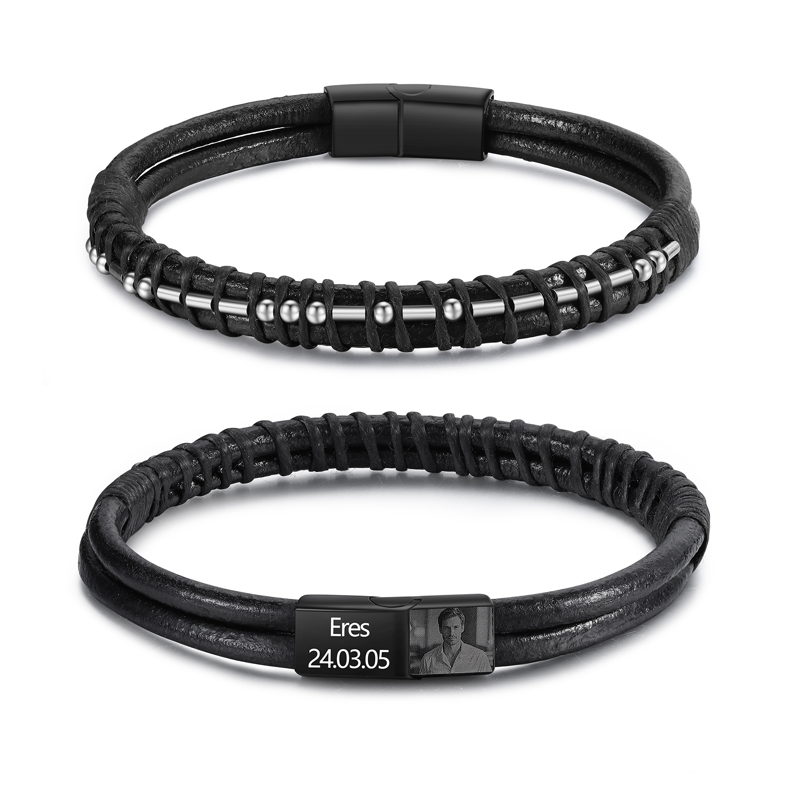 Bracelet cuir noir homme code Morse personnalisé