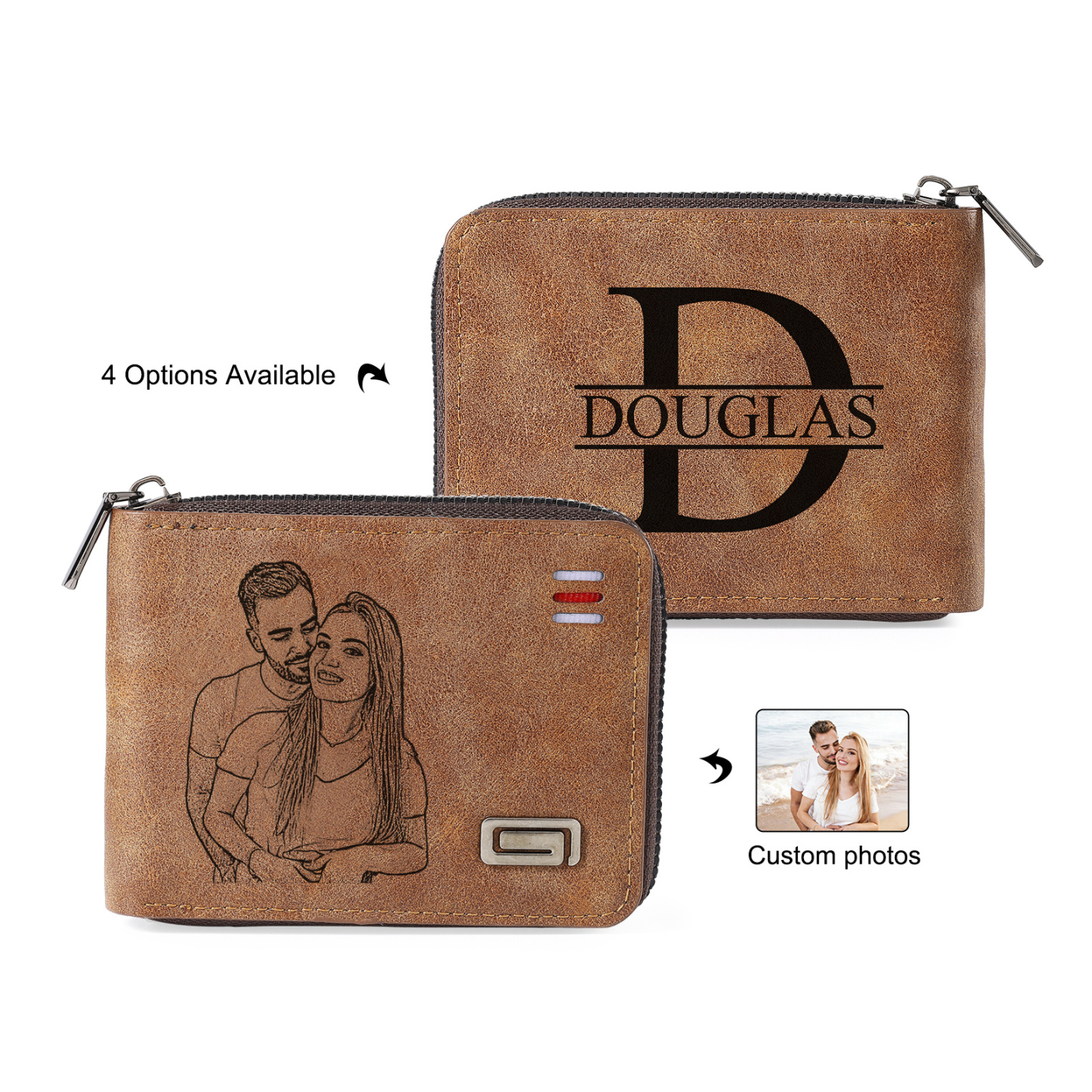 Portefeuille homme personnalisé en cuir PU avec fermeture éclair – avec photo, calendrier ou prénom