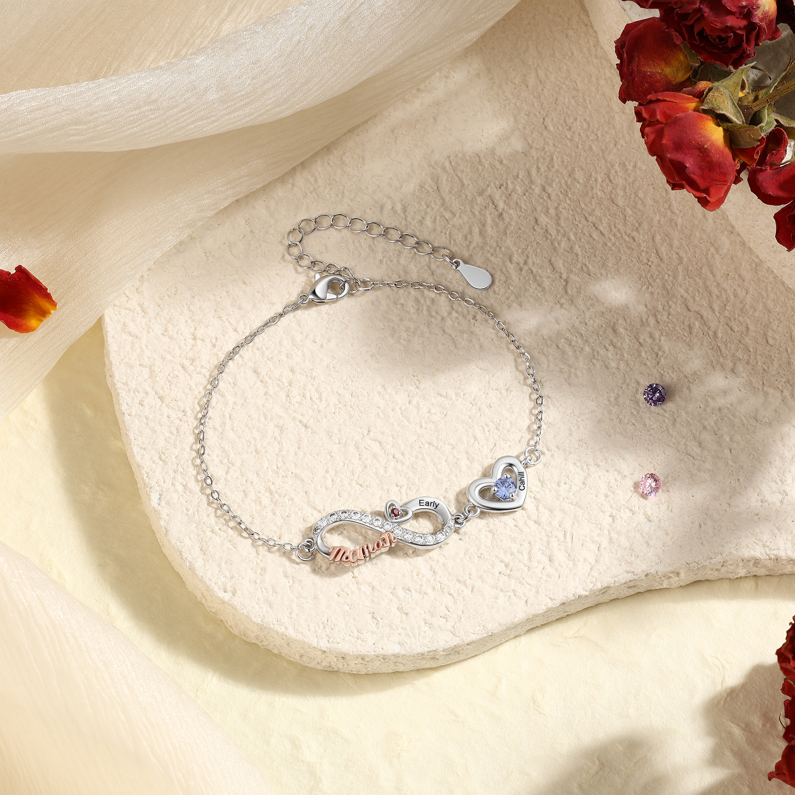 Bracelet Cœur Infini Personnalisé avec Pierres de naissance pour Maman, personnalisable avec 2 à 6 Prénoms