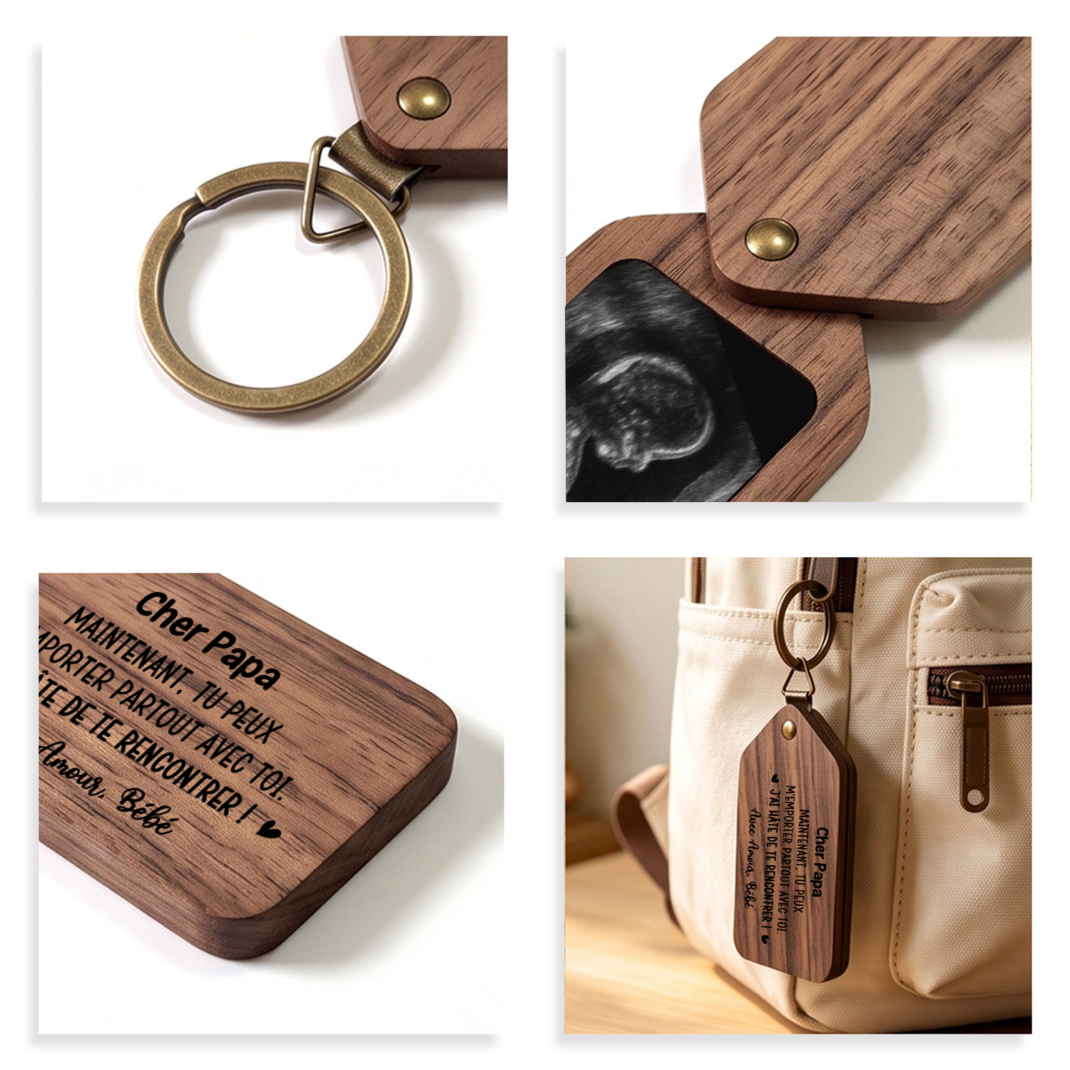 Porte-Clés Photo Personnalisé en Bois pour Nouveaux Papa et Maman
