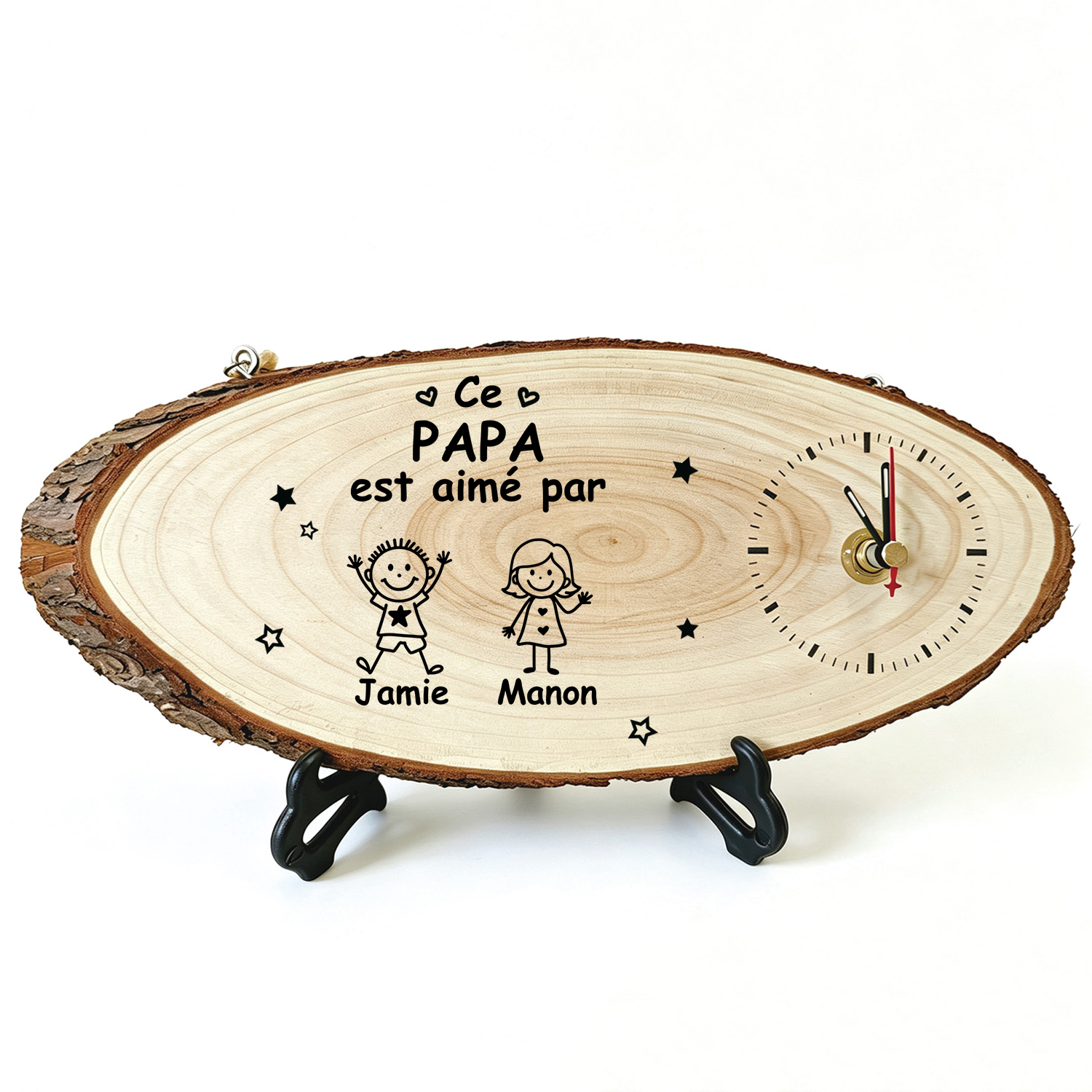 Horloge Personnalisée en Bois avec 1-10 Prénoms et Figurines d’enfants, Cadeau pour Papa ou Papi