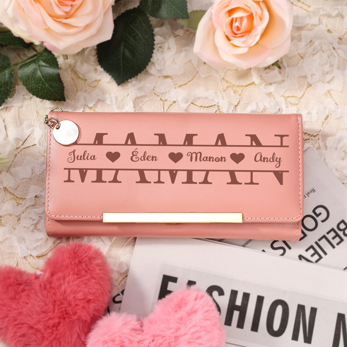 Portefeuille en cuir personnalisé pour maman, nom personnalisable, cadeau pour la Fête des Mères ou d’anniversaire, souvenir pratique de la part des enfants | Jessemade