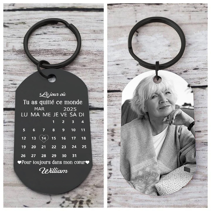 Porte-clés commémoratif avec photo personnalisée, calendrier gravé sur mesure en acier inoxydable, cadeau souvenir pour maman, papa ou partenaire, objet souvenir après une perte | Jessemade