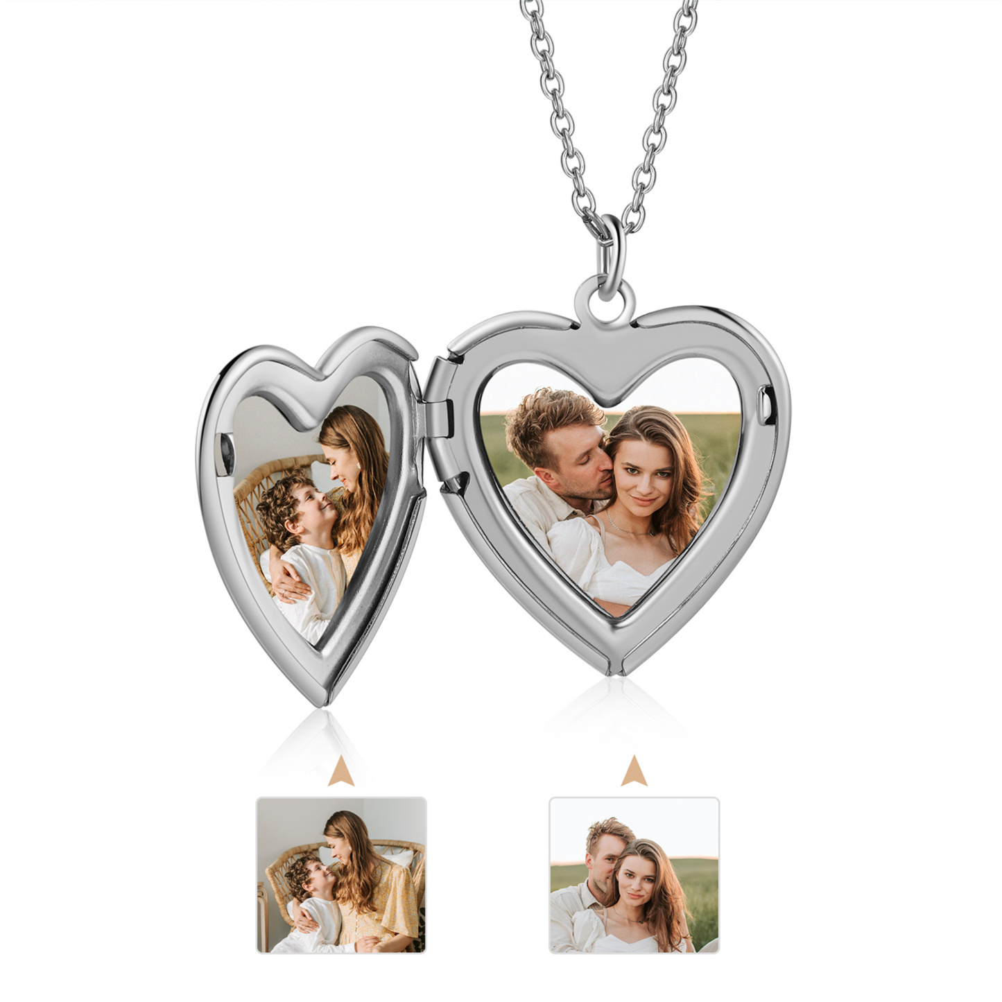 Collier Médaillon Cœur Personnalisé avec 2 Photos et 2 à 8 Prénoms Gravés – Bijou Souvenir Famille