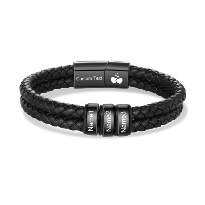 Bracelet en cuir tressé noir Personnalisé avec 2 à 6 Prénoms pour Homme