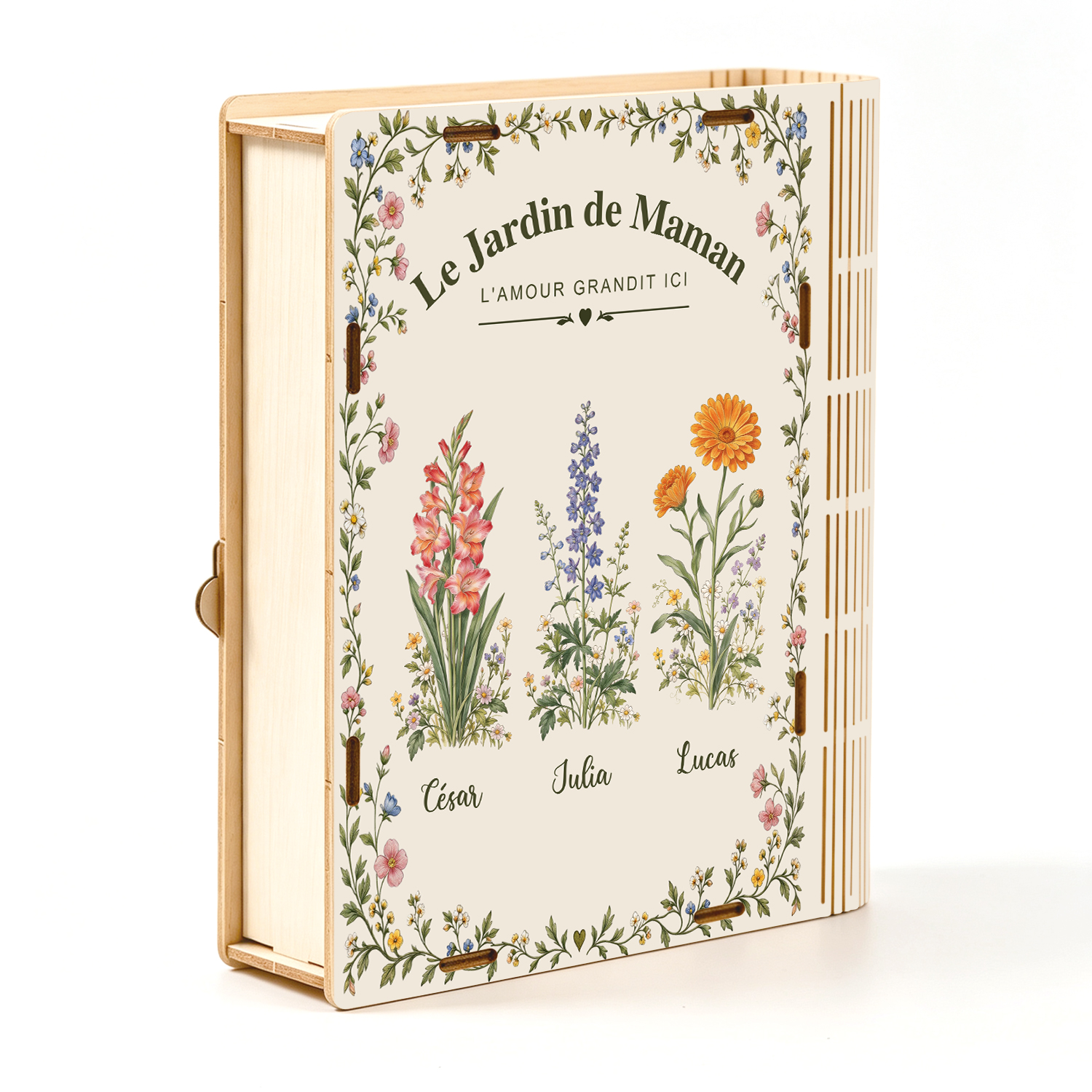 Boîte de Rangement Livre Personnalisée avec 1-10 Prénoms et Fleurs de Naissance – Cadeau Famille pour Maman ou Mamie