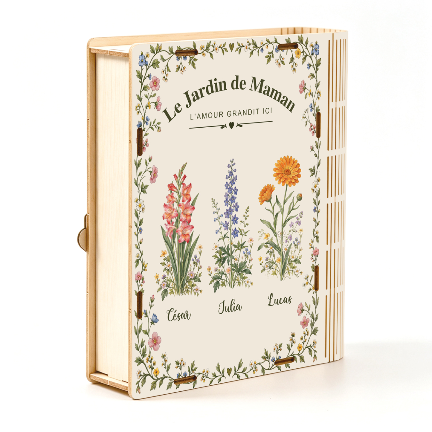 Boîte de Rangement Livre Personnalisée avec 1-10 Prénoms et Fleurs de Naissance – Cadeau Famille pour Maman ou Mamie