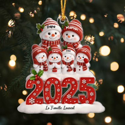 Décoration Sapin Noël personnalisé Famille de Bonshommes de Neige 2025