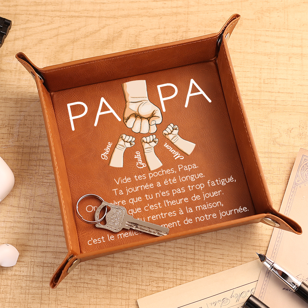 Vide-poche Personnalisé en Cuir pour Papa, gravé avec 1 à 6 Prénoms et Poing