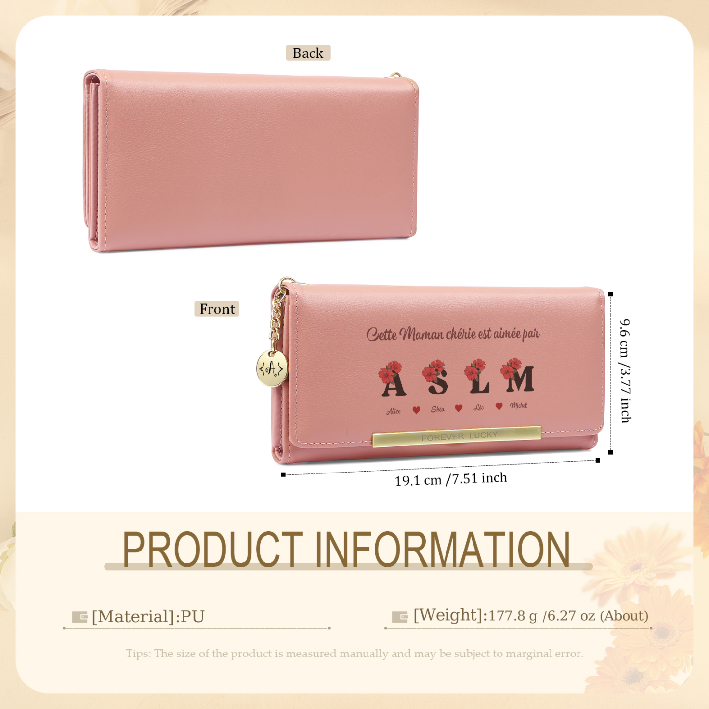 Portefeuille Personnalisé avec motif floral et 1 à 10 Prénoms et Lettres pour Maman ou Mamie