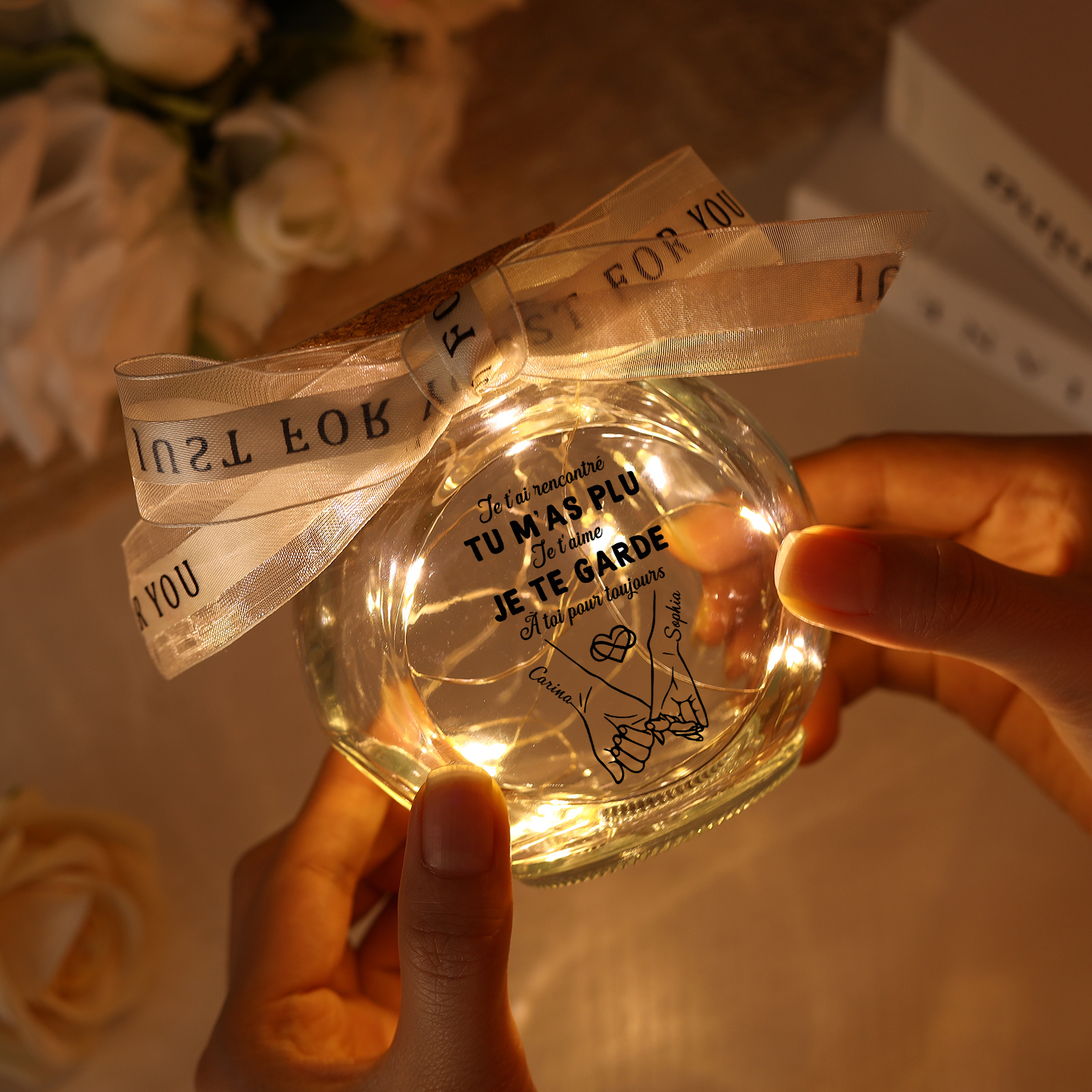 Bouteille Lumineuse Personnalisée en Verre, Bocal Lumineux LED avec Nœud en Ruban