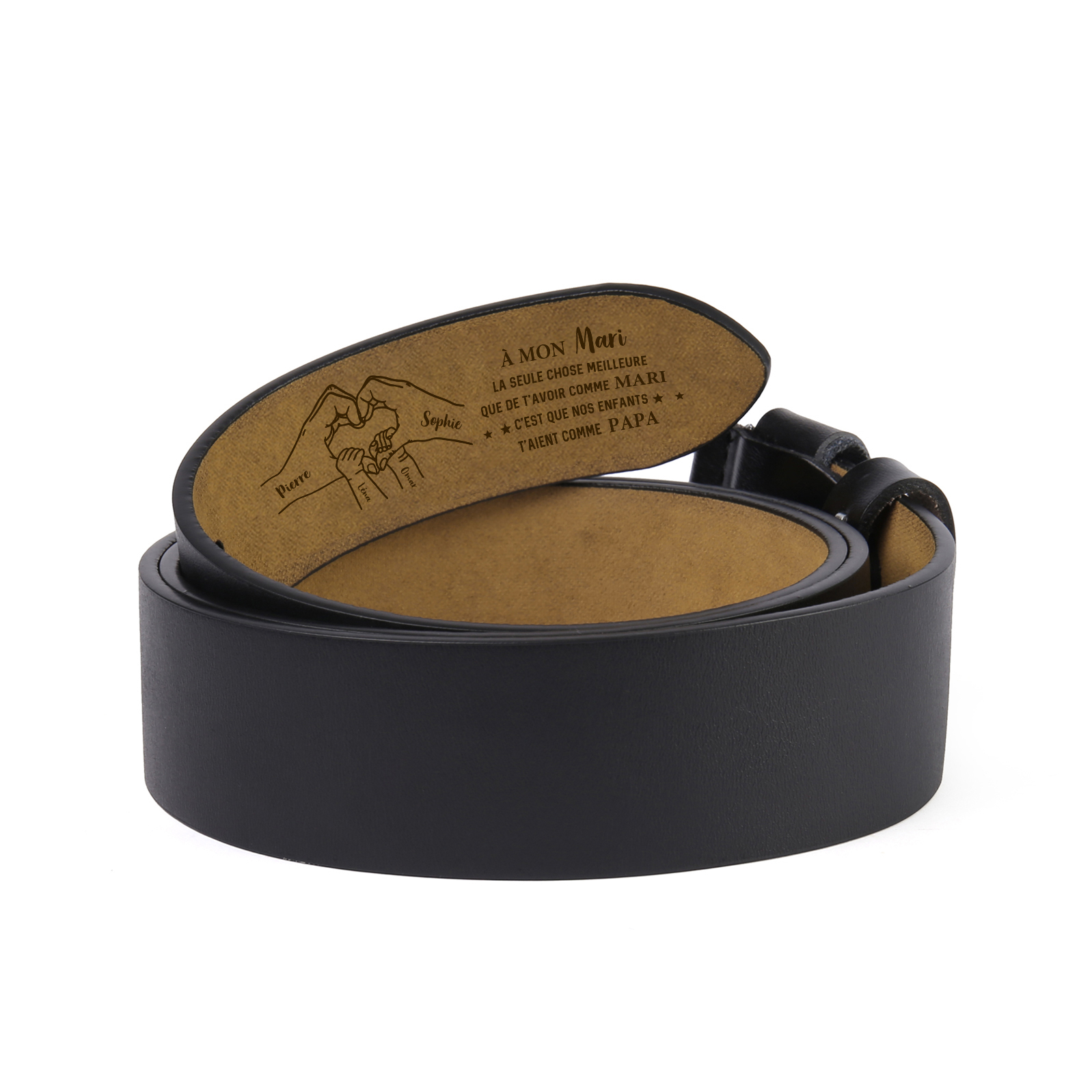 Ceinture Personnalisée pour Mari ou Papa – Mains en Cœur avec 3 à 8 Prénoms