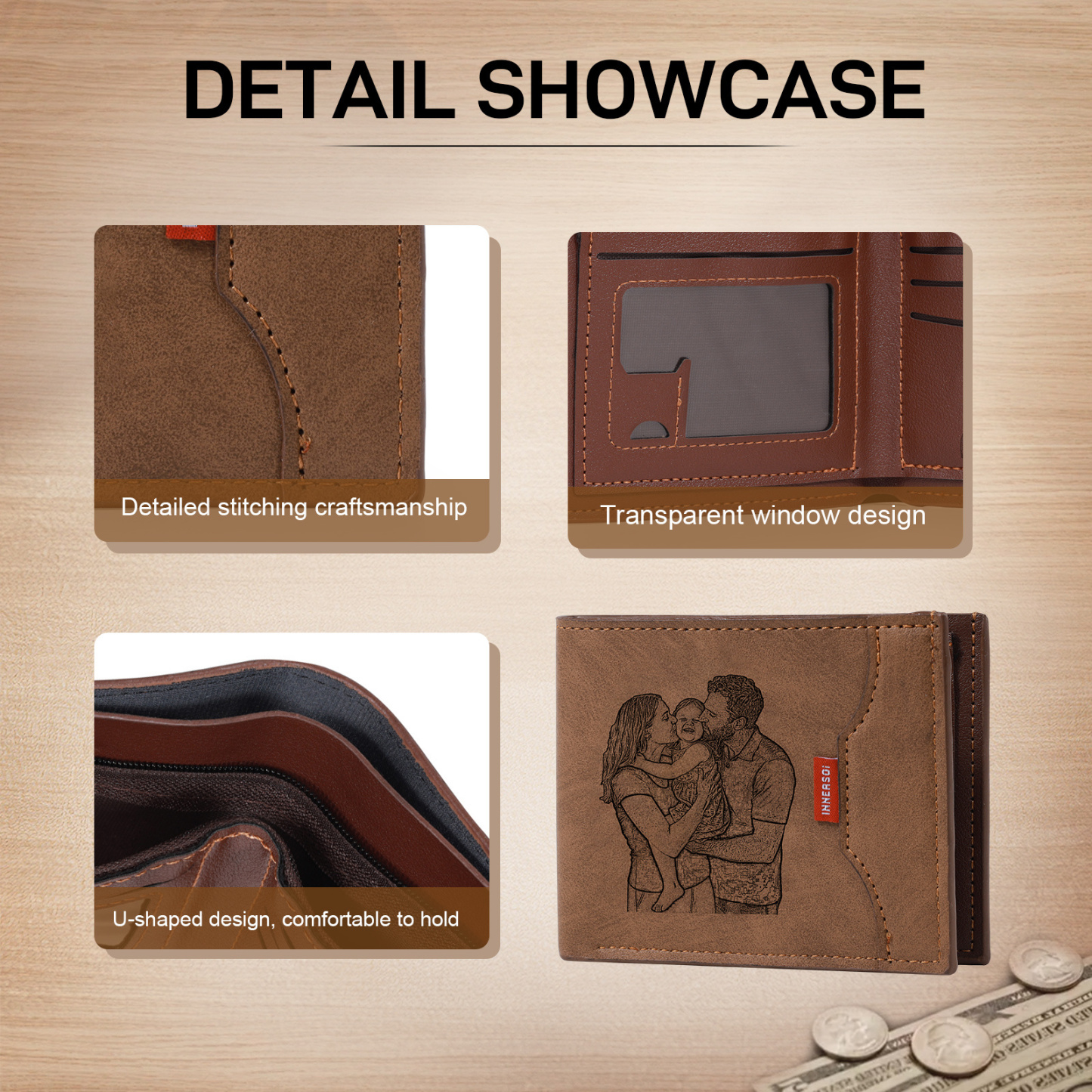 Portefeuille Homme Personnalisé en cuir PU, personnalisable avec Photo, Calendrier ou gravure de Nom