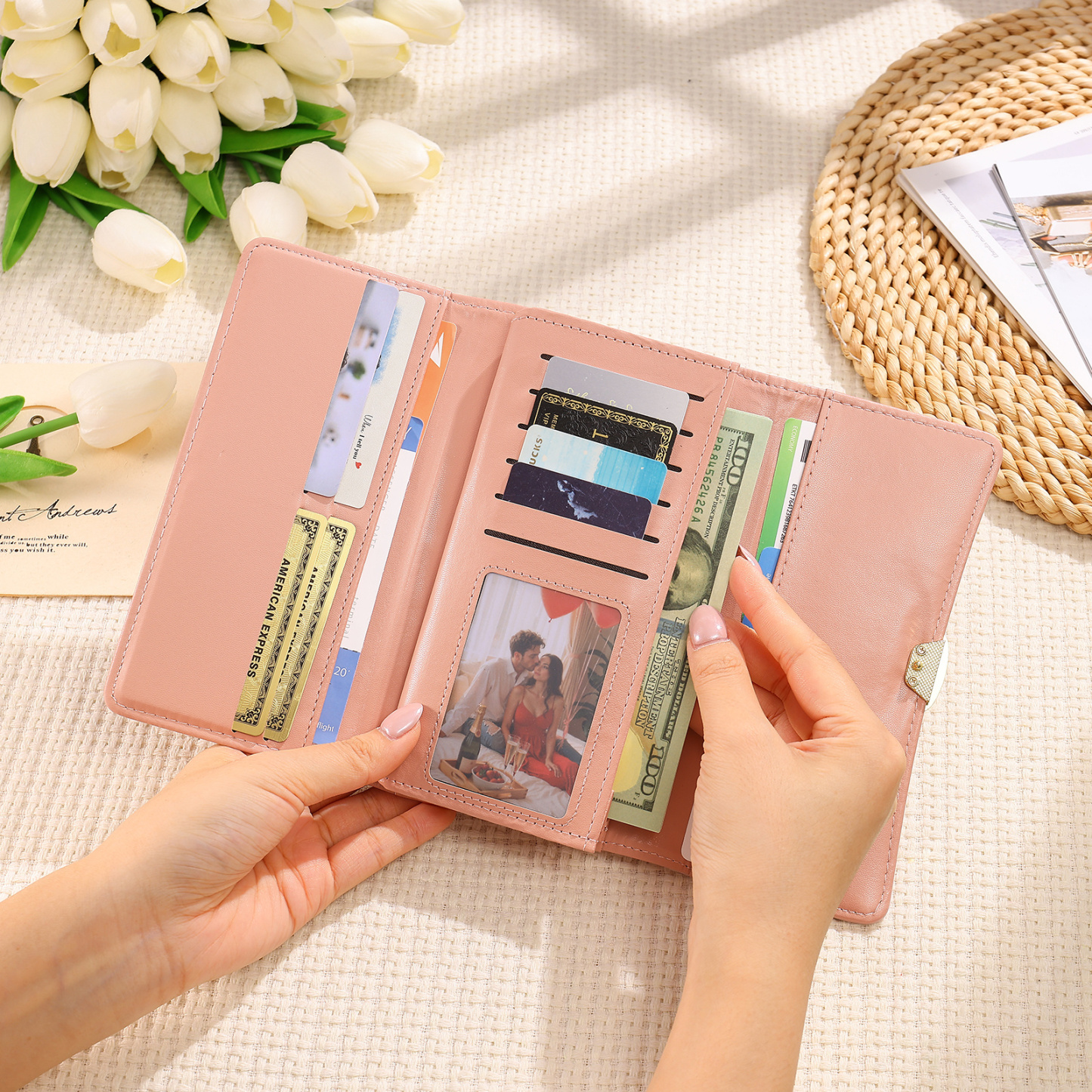 Portefeuille long Personnalisé pour Femme en cuir, avec Fleur de naissance et Prénom