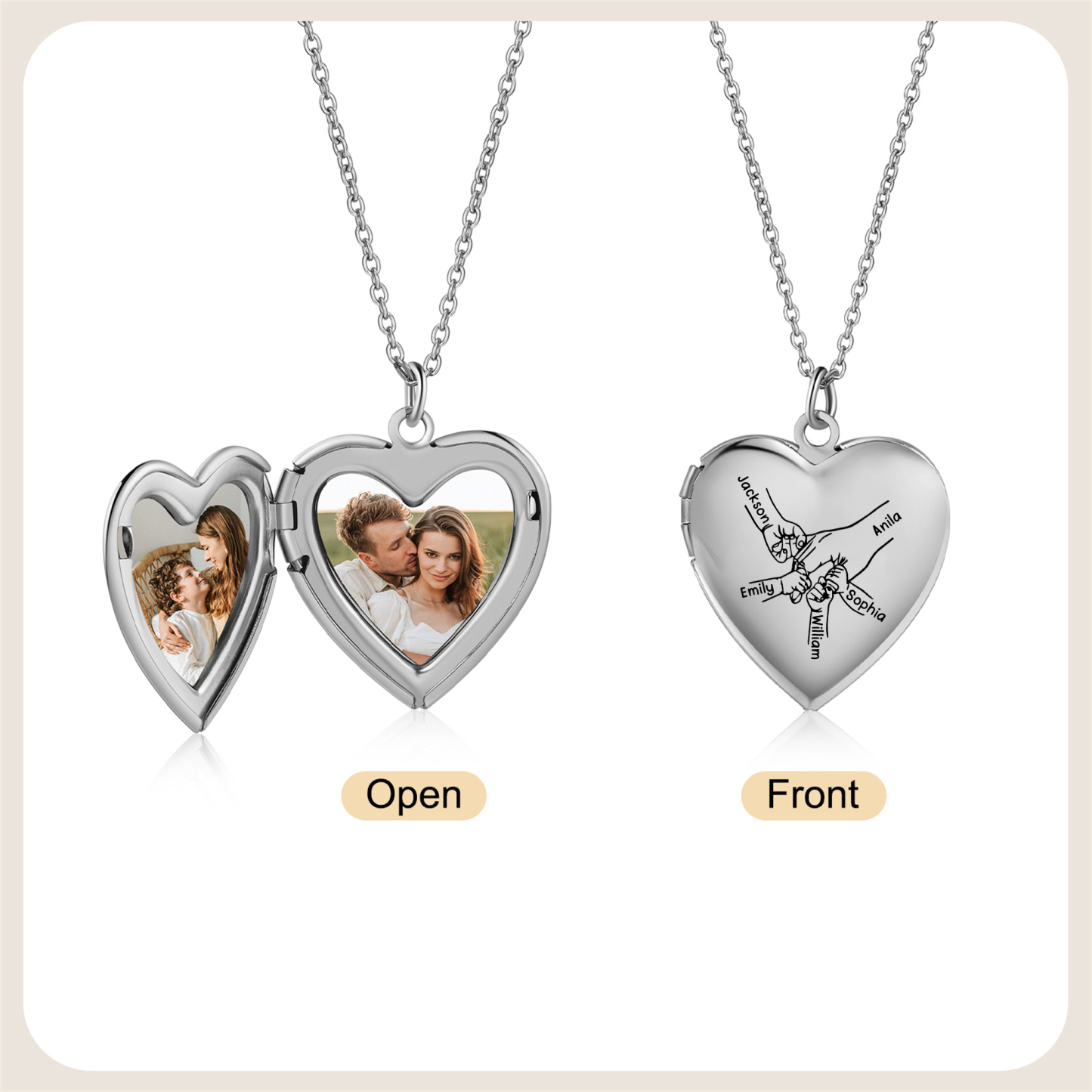 Collier Médaillon Cœur Personnalisé avec 2 Photos et 2 à 8 Prénoms Gravés – Bijou Souvenir Famille