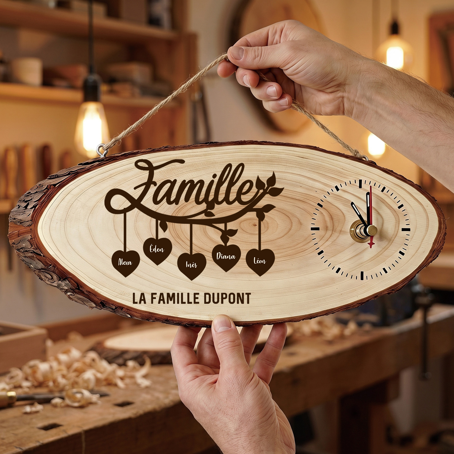 Horloge Arbre Généalogique Rustique en Bois Personnalisée avec 2 à 10 Prénoms