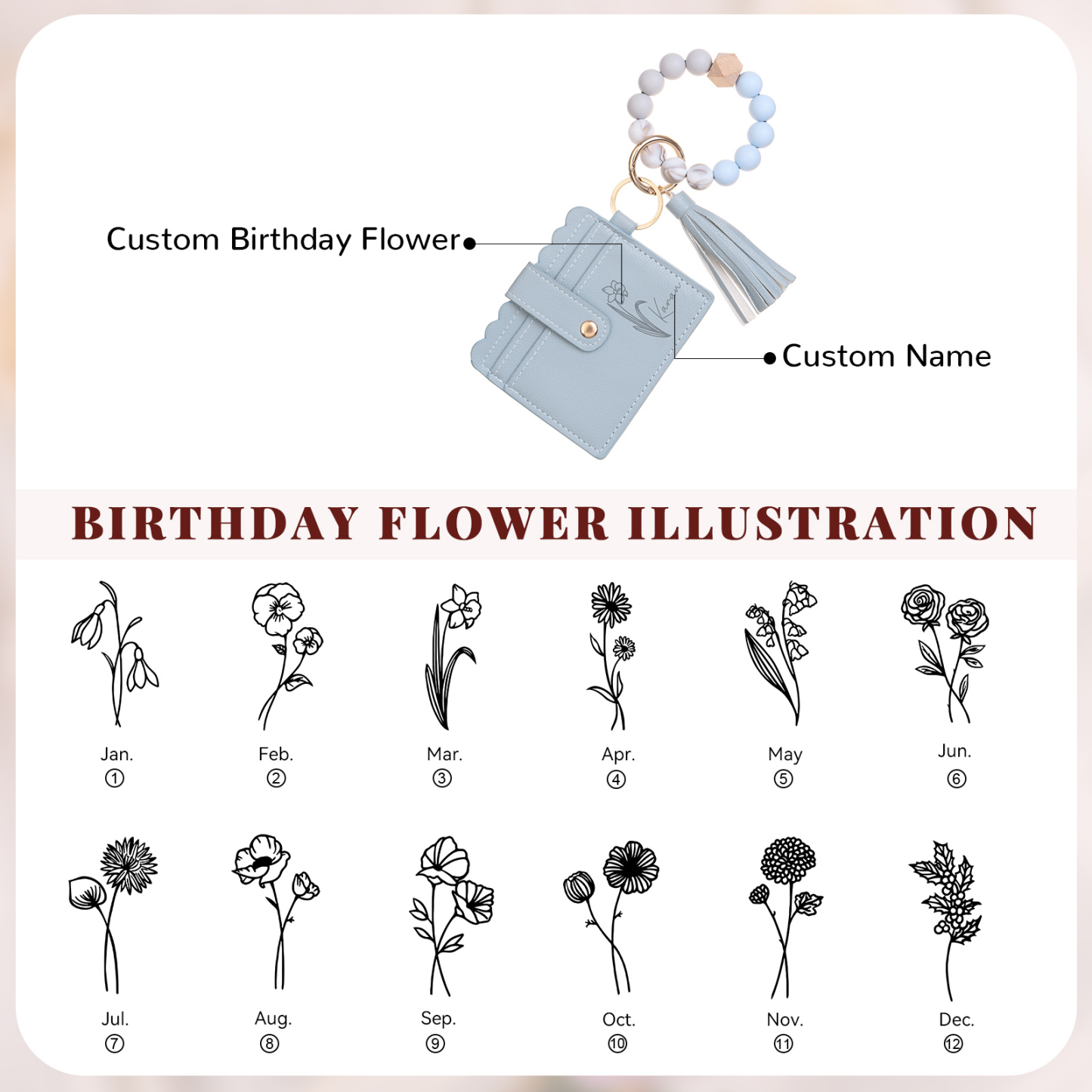 Porte-cartes Personnalisé à Fleur de Naissance avec Bracelet perlé détachable