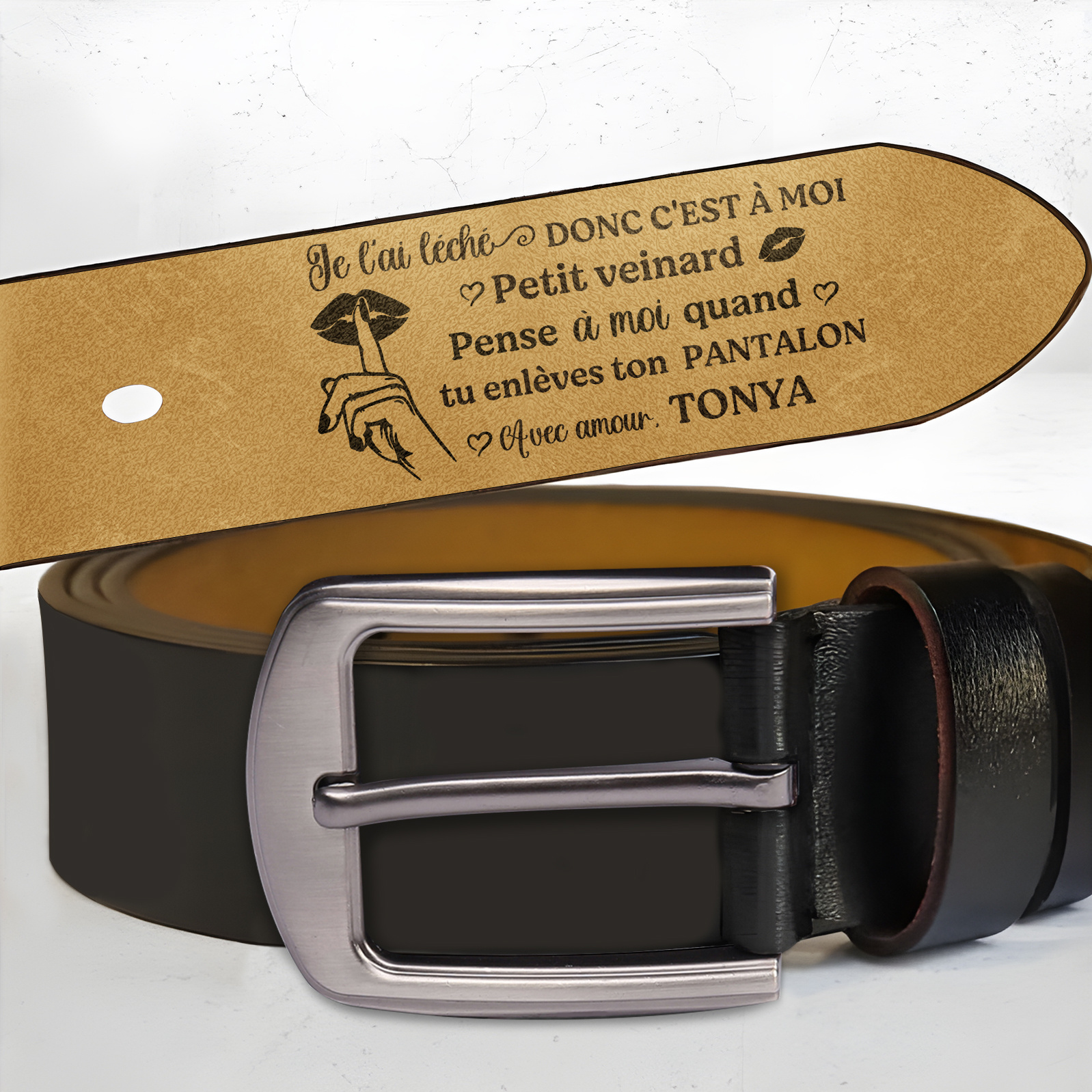 Ceinture en Cuir pour Homme Personnalisée – Message Amour & Humour, Cadeau Original pour Couple