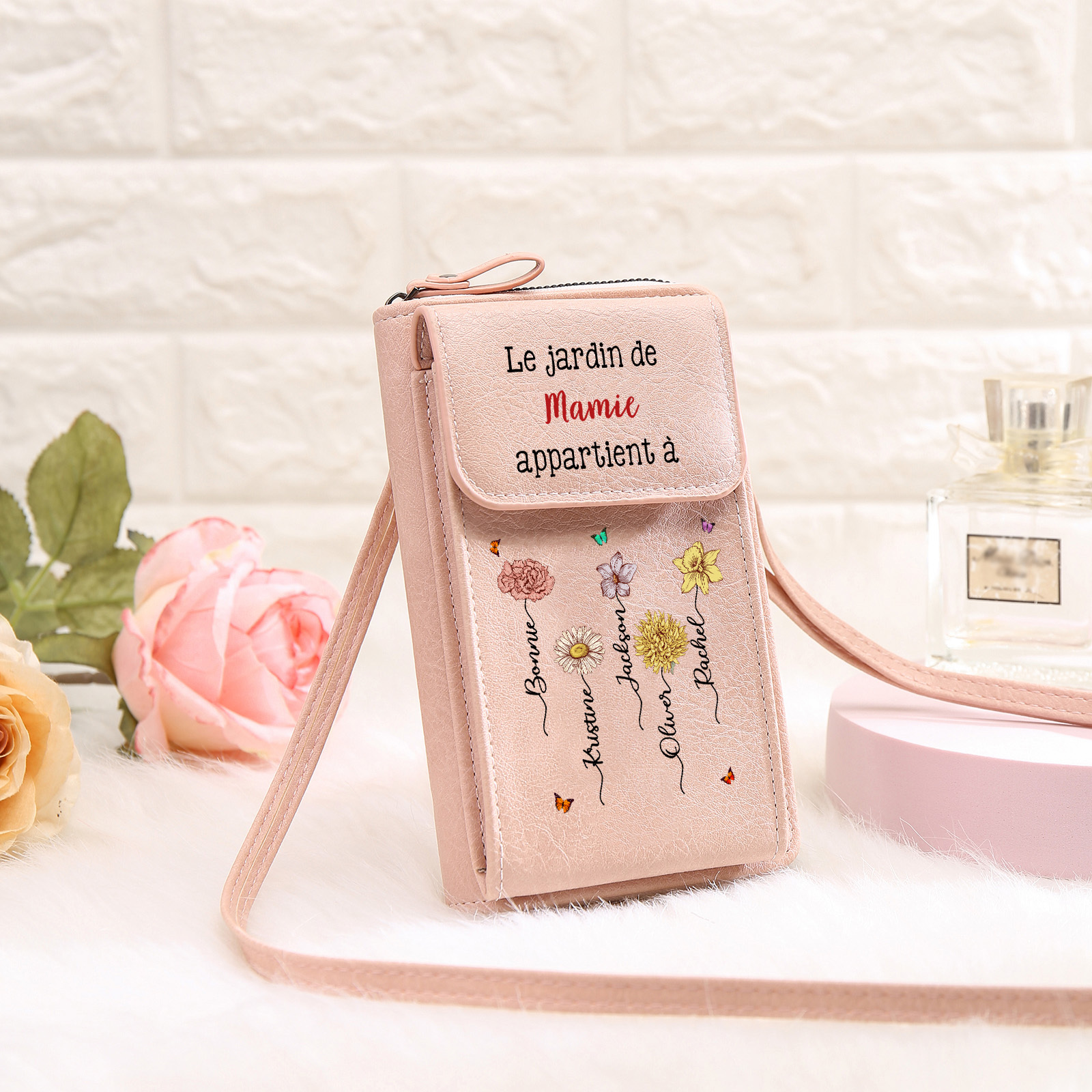 Sac bandoulière personnalisé, Portefeuille Personnalisé avec 1-6 Prénoms et Fleurs de Naissance Cadeau Pratique pour Mamie | Jessemade