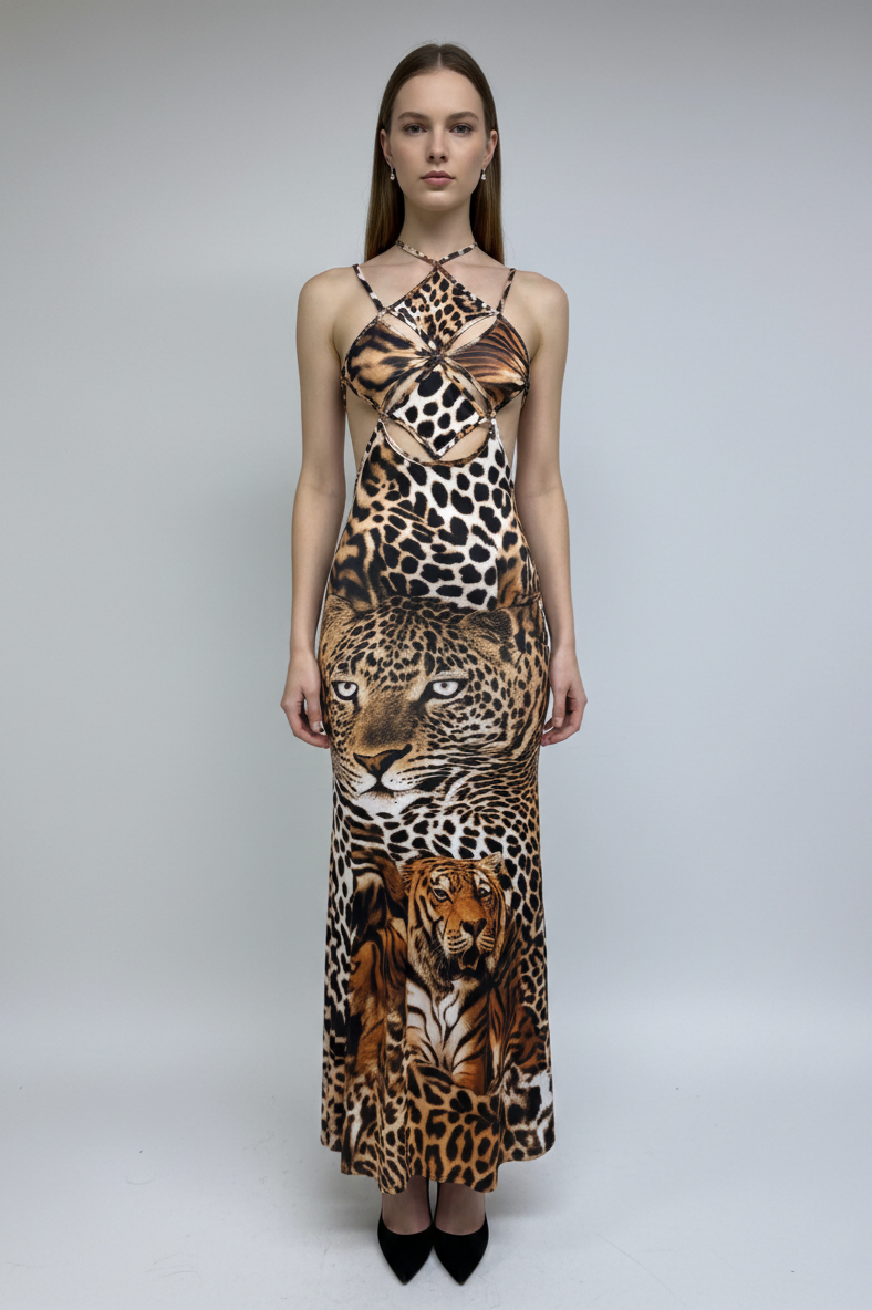 Leopard Print Cut-Out Slit Maxi Dress