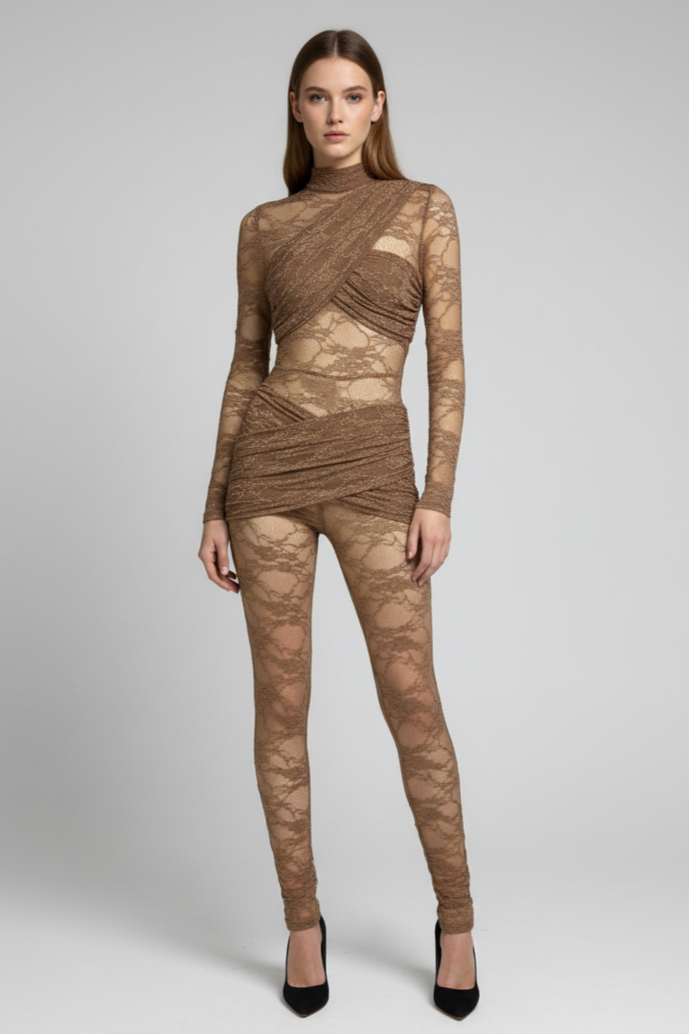 Solid Lace Long Sleeve High Neck Jumpsuit