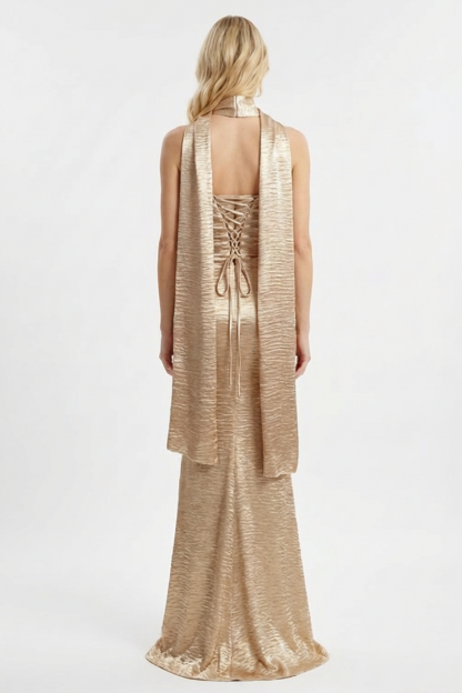 Satin Off-Shoulder Tie-Up Maxi Dress