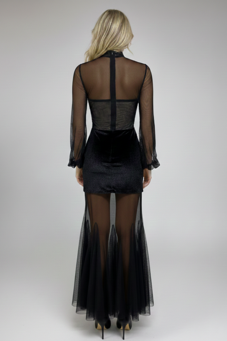 Mesh Splicing Velvet See-Through Maxi Dress