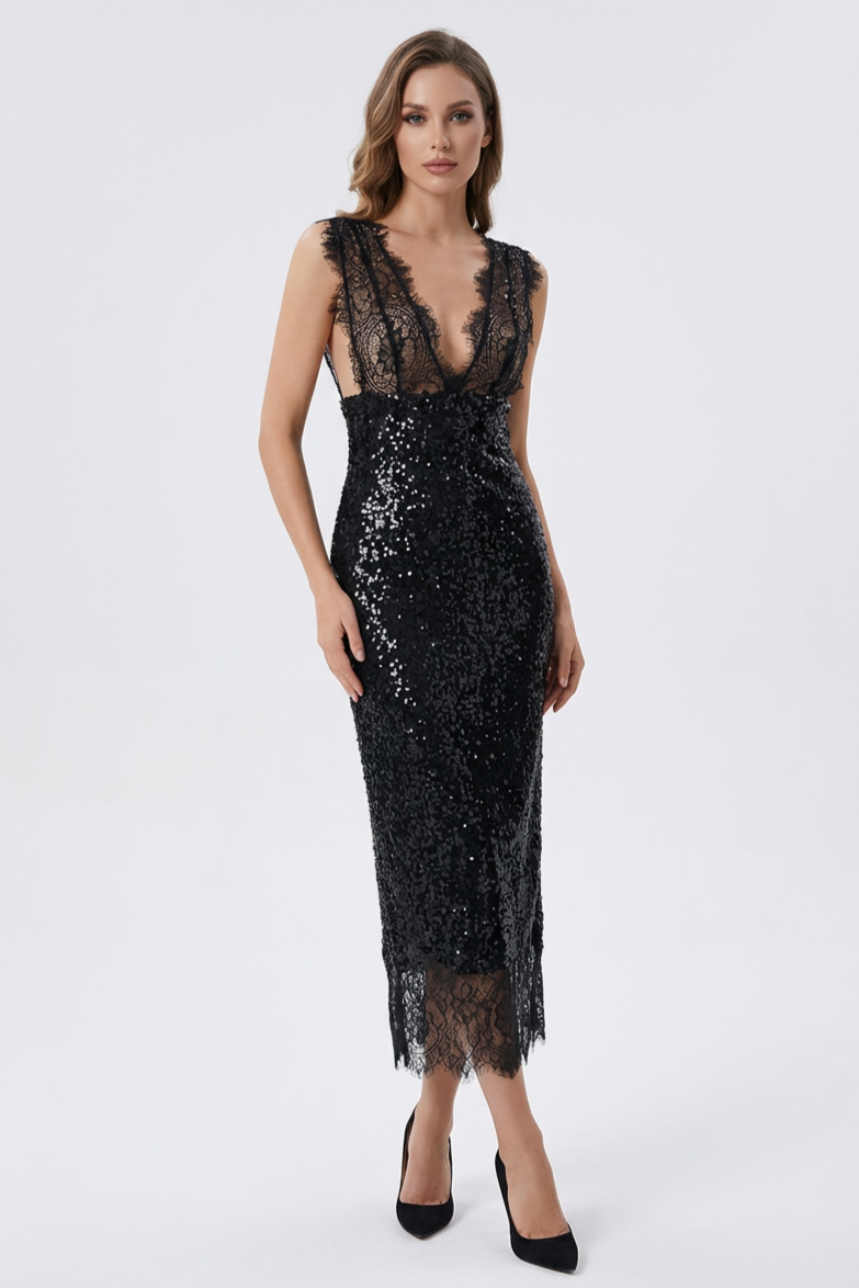 Lace Splicing Sequin V-Neck Midi Dress