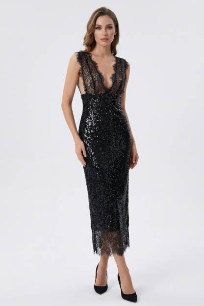 Lace Splicing Sequin V-Neck Midi Dress