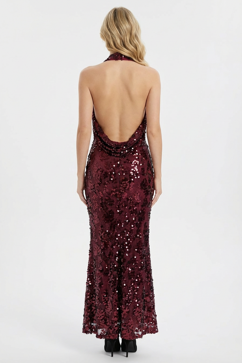 Sequin Halter Neck Backless Maxi Dress
