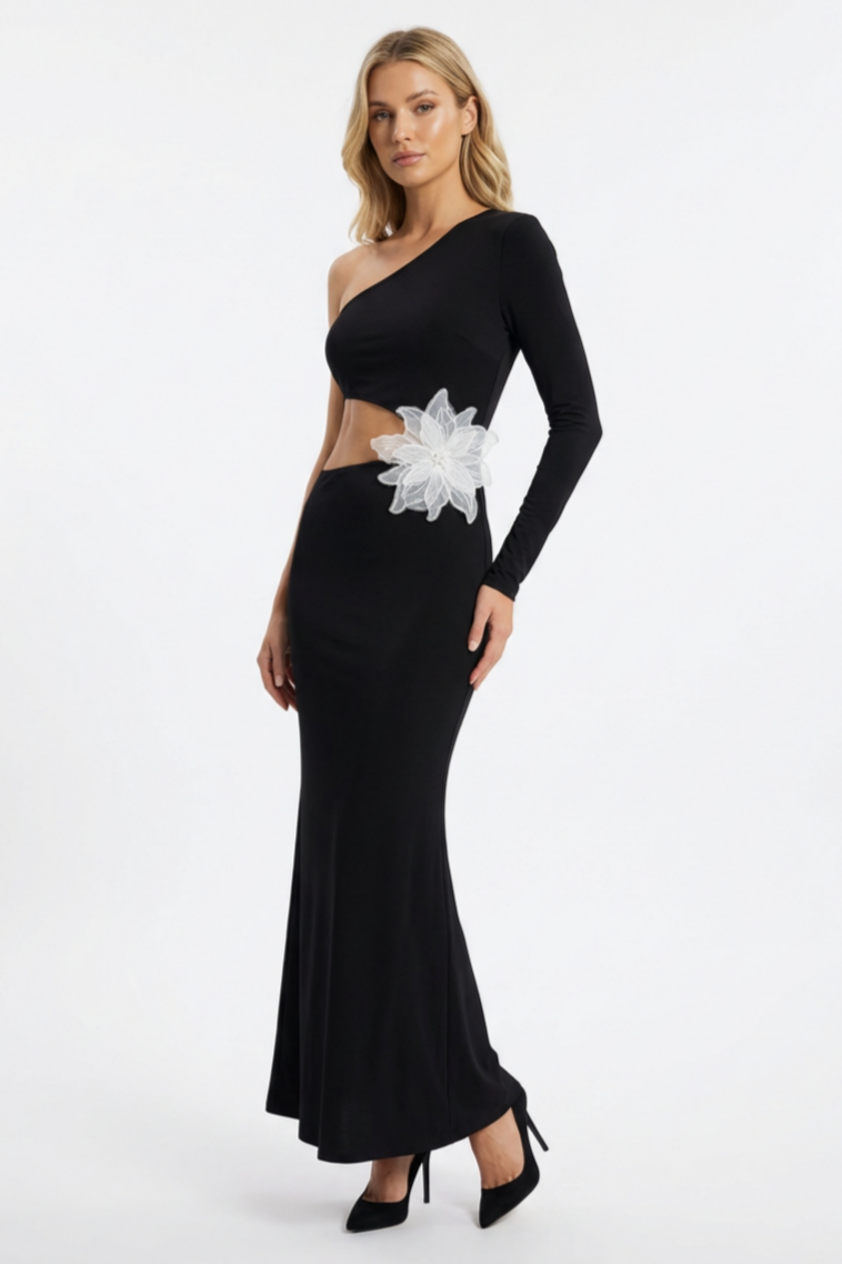 Jersey 3D Flower One-Shoulder Maxi Dress