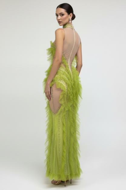 Mesh Rhinestone See-Through Maxi Dress