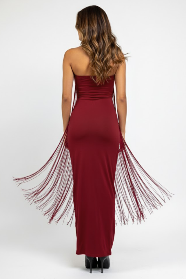Jersey Tassel Off-Shoulder Maxi Dress