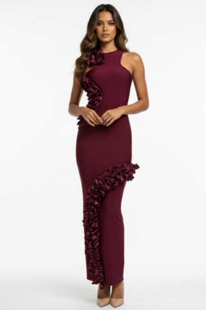 Bandage Splicing Satin Ruffle Maxi Dress