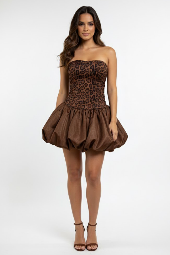 Leopard Print Smocking Off-Shoulder Mini Dress