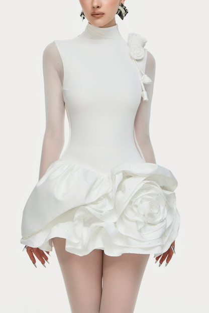 3D flower Ruffle Stand Collar Mini Dress