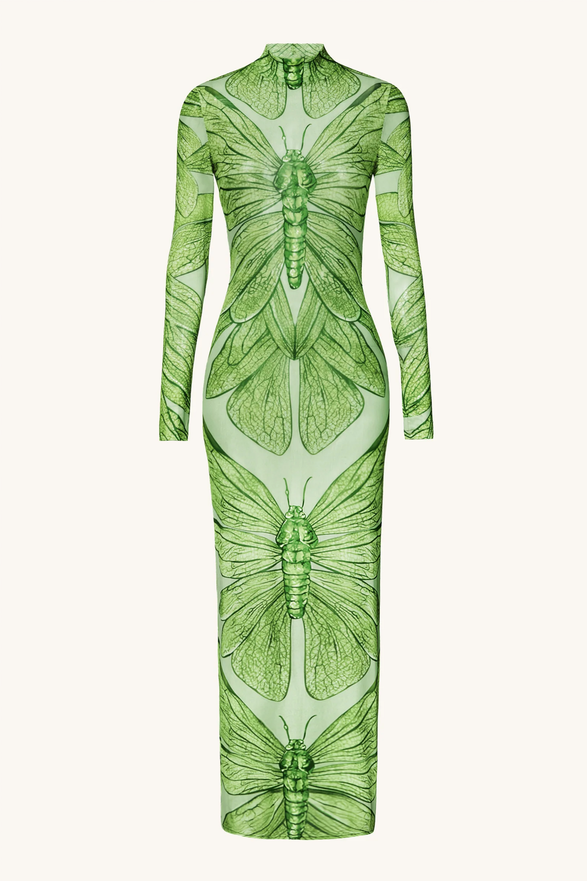 Mesh Insect Print Long Sleeve Maxi Dress