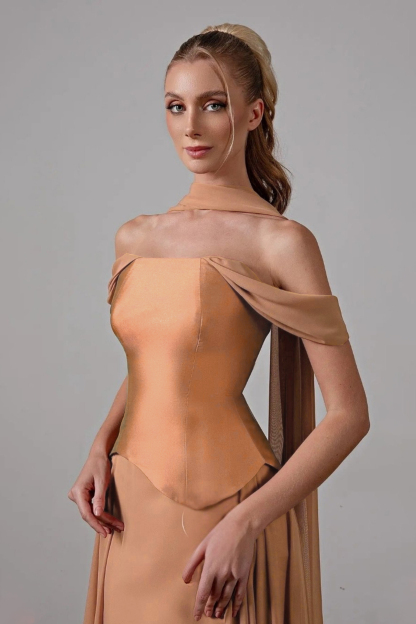 Satin Splicing Chiffon Off Shoulder Maxi Dress