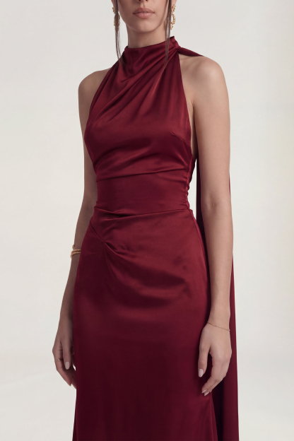 Satin Halter Neck Tie-Up Maxi Dress