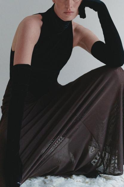 Velvet Splicing Mesh Ruched Maxi Dress With Gloves